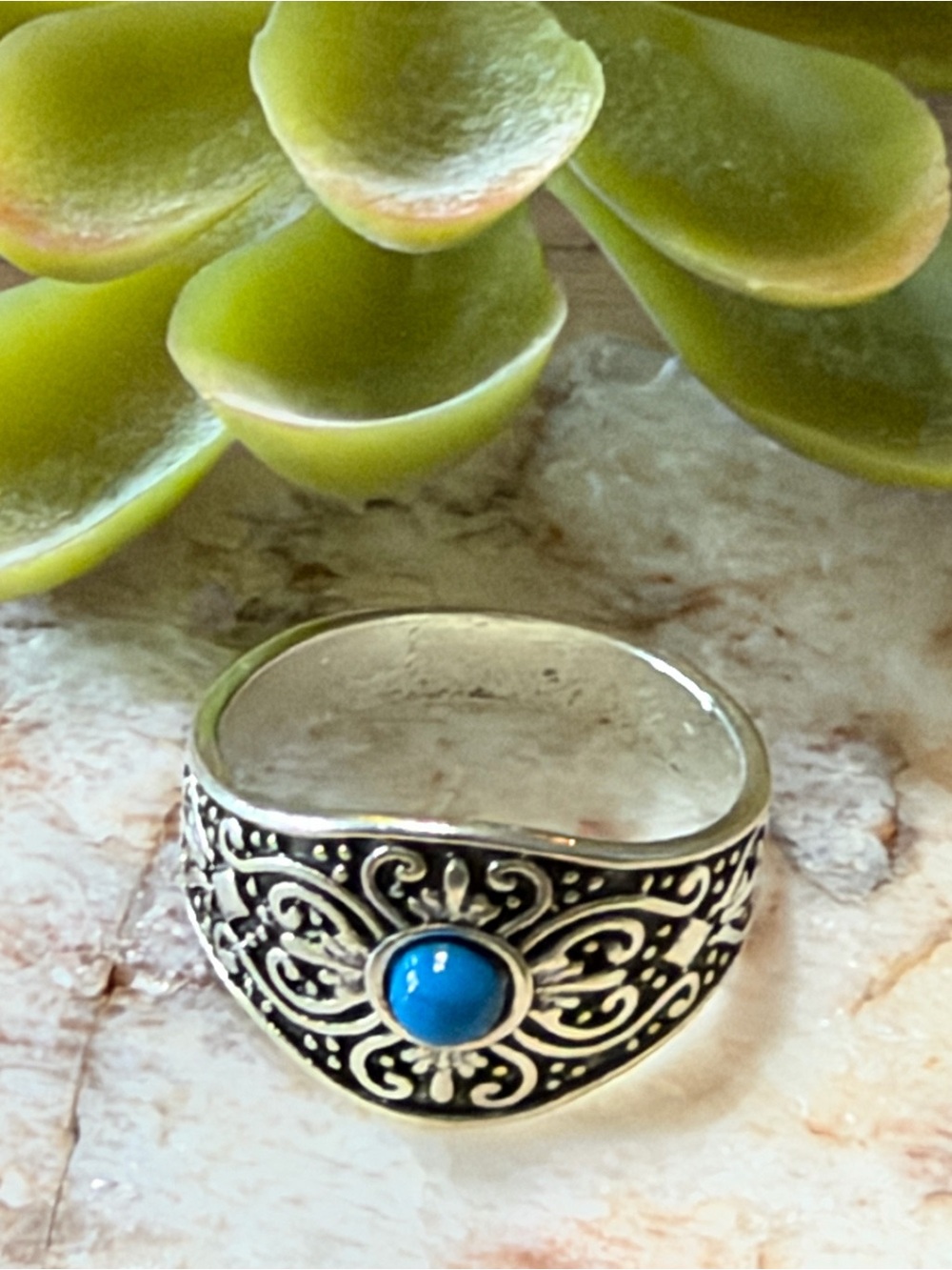 Sterling-Style Silver Ring with Blue Turquoise Accent